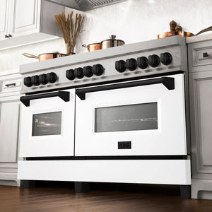 ZLINE 60" Autograph Edition Gas Burner, Electric Oven in DuraSnow® Stainless Steel with White Matte Door and Black Accents, RASZ-WM-60-MB