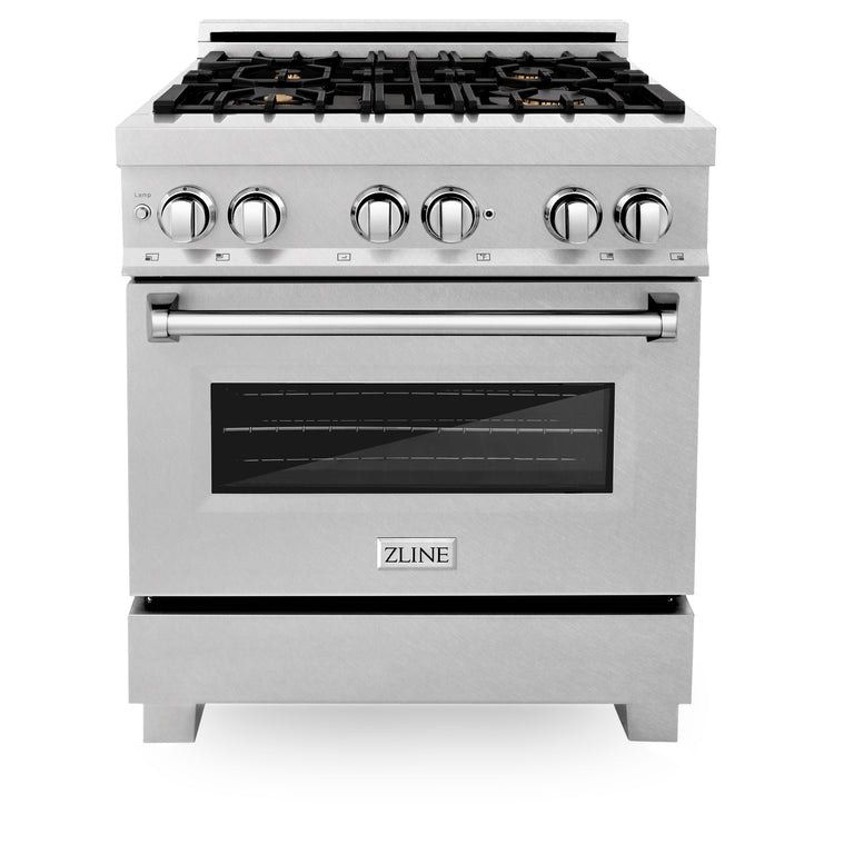 ZLINE 30" 4.0 cu. ft. Gas Burner, Electric Oven with Griddle and Brass Burners in DuraSnow® Stainless Steel, RAS-SN-BR-GR-30