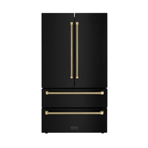 ZLINE Autograph 36" 22.5 cu. ft. Counter-Depth French Door Refrigerator with Ice Maker in Fingerprint-Resistant Black Stainless Steel and Champagne Bronze Helix Handles, RFMZ-36-BS-KCB