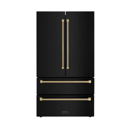 ZLINE Autograph 36" 22.5 cu. ft. Counter-Depth French Door Refrigerator with Ice Maker in Fingerprint-Resistant Black Stainless Steel and Champagne Bronze Helix Handles, RFMZ-36-BS-KCB