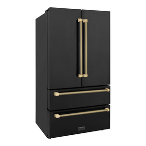 ZLINE Autograph 36" 22.5 cu. ft. Counter-Depth French Door Refrigerator with Ice Maker in Fingerprint-Resistant Black Stainless Steel and Champagne Bronze Helix Handles, RFMZ-36-BS-KCB