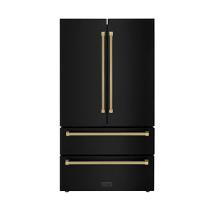ZLINE Autograph 36" 22.5 cu. ft. Counter-Depth French Door Refrigerator with Ice Maker in Fingerprint-Resistant Black Stainless Steel and Polished Gold Helix Handles, RFMZ-36-BS-KG
