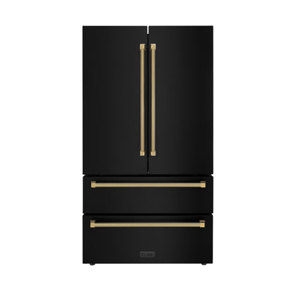 ZLINE Autograph 36" 22.5 cu. ft. Counter-Depth French Door Refrigerator with Ice Maker in Fingerprint-Resistant Black Stainless Steel and Polished Gold Helix Handles, RFMZ-36-BS-KG