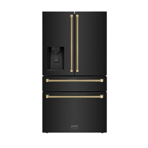 ZLINE Autograph 36" 21.6 cu. ft. Counter-Depth French Door Refrigerator with Water and Ice Dispenser in Fingerprint-Resistant Black Stainless Steel with Champagne Bronze Helix Handles, RFMZ-W36-BS-KCB
