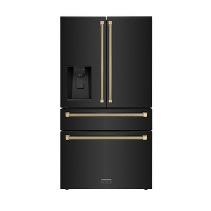 ZLINE Autograph 36" 21.6 cu. ft. Counter-Depth French Door Refrigerator with Water and Ice Dispenser in Fingerprint-Resistant Black Stainless Steel with Champagne Bronze Helix Handles, RFMZ-W36-BS-KCB