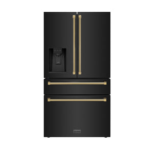 ZLINE Autograph 36" 21.6 cu. ft. Counter-Depth French Door Refrigerator with Water and Ice Dispenser in Fingerprint-Resistant Black Stainless Steel with Polished Gold Helix Handles, RFMZ-W-36-BS-KG
