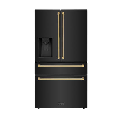 ZLINE Autograph 36" 21.6 cu. ft. Counter-Depth French Door Refrigerator with Water and Ice Dispenser in Fingerprint-Resistant Black Stainless Steel with Polished Gold Helix Handles, RFMZ-W-36-BS-KG