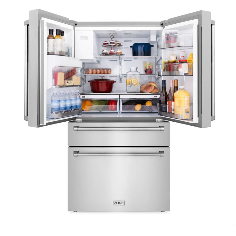 ZLINE Appliance Package - 48" Dual Fuel Range, Range Hood, Refrigerator with Water and Ice Dispenser, Microwave Drawer, Dishwasher and Beverage Fridge