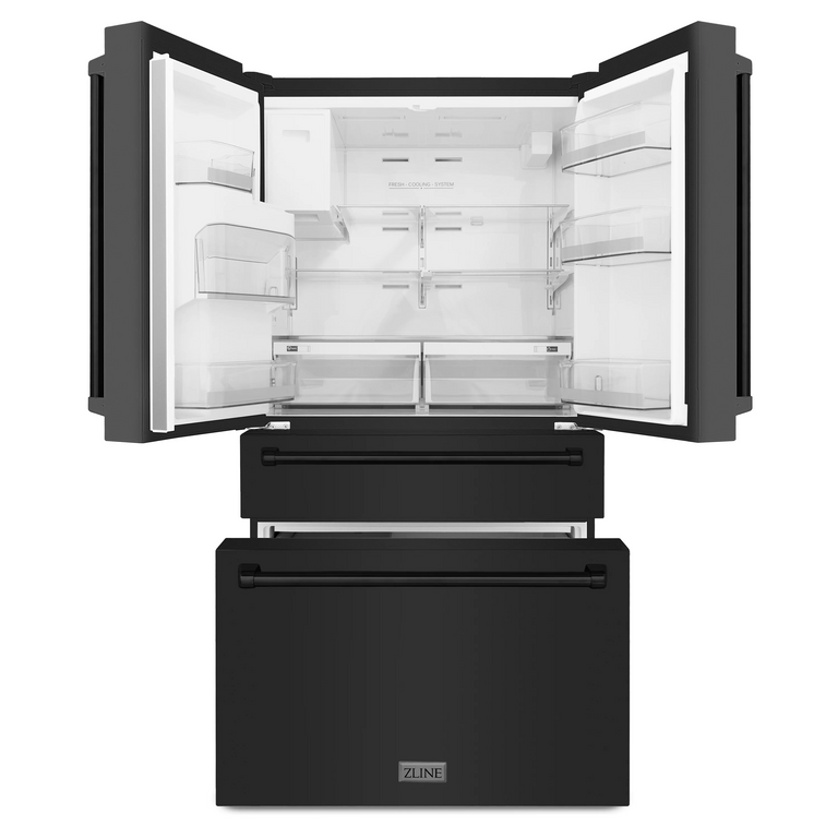 ZLINE Package - 30" Dual Fuel Range, Microwave, Range Hood, Refrigerator With Water And Ice Dispenser, Dishwasher in Black Stainless Steel