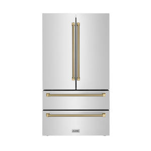 ZLINE Autograph 36" 22.5 cu. ft. Counter-Depth French Door Refrigerator with Ice Maker in Fingerprint-Resistant Stainless Steel and Champagne Bronze Helix Handles, RFMZ-36-KCB