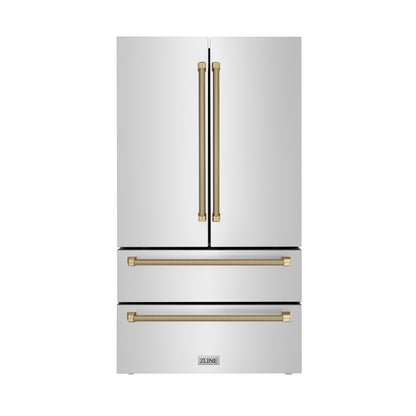 ZLINE Autograph 36" 22.5 cu. ft. Counter-Depth French Door Refrigerator with Ice Maker in Fingerprint-Resistant Stainless Steel and Champagne Bronze Helix Handles, RFMZ-36-KCB
