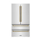 ZLINE Autograph 36" 22.5 cu. ft. Counter-Depth French Door Refrigerator with Ice Maker in Fingerprint-Resistant Stainless Steel and Polished Gold Helix Handles, RFMZ-36-KG