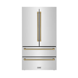 ZLINE Autograph 36" 22.5 cu. ft. Counter-Depth French Door Refrigerator with Ice Maker in Fingerprint-Resistant Stainless Steel and Polished Gold Helix Handles, RFMZ-36-KG