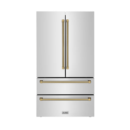 ZLINE Autograph 36" 22.5 cu. ft. Counter-Depth French Door Refrigerator with Ice Maker in Fingerprint-Resistant Stainless Steel and Polished Gold Helix Handles, RFMZ-36-KG