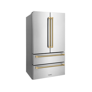 ZLINE Autograph 36" 22.5 cu. ft. Counter-Depth French Door Refrigerator with Ice Maker in Fingerprint-Resistant Stainless Steel and Polished Gold Helix Handles, RFMZ-36-KG