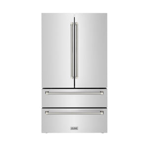ZLINE Autograph 36" 22.5 cu. ft. Counter-Depth French Door Refrigerator with Ice Maker in Fingerprint-Resistant Stainless Steel and Polished Nickel Helix Handles, RFMZ-36-KPN
