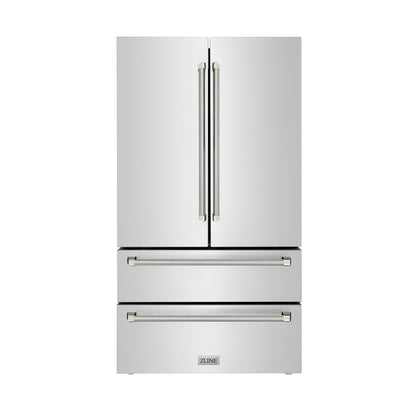 ZLINE Autograph 36" 22.5 cu. ft. Counter-Depth French Door Refrigerator with Ice Maker in Fingerprint-Resistant Stainless Steel and Polished Nickel Helix Handles, RFMZ-36-KPN