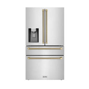 ZLINE Autograph 36" 21.6 cu. ft. Counter-Depth French Door Refrigerator with Water and Ice Dispenser in Fingerprint-Resistant Stainless Steel with Champagne Bronze Helix Handles, RFMZ-W-36-KCB