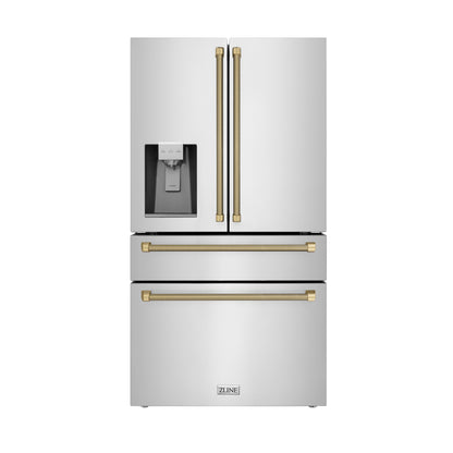 ZLINE Autograph 36" 21.6 cu. ft. Counter-Depth French Door Refrigerator with Water and Ice Dispenser in Fingerprint-Resistant Stainless Steel with Champagne Bronze Helix Handles, RFMZ-W-36-KCB