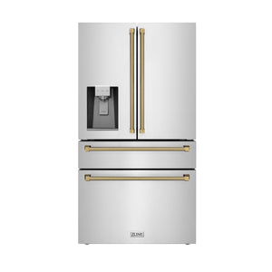 ZLINE Autograph 36" 21.6 cu. ft. Counter-Depth French Door Refrigerator with Water and Ice Dispenser in Fingerprint-Resistant Stainless Steel with Polished Gold Helix Handles, RFMZ-W-36-KG