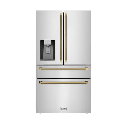 ZLINE Autograph 36" 21.6 cu. ft. Counter-Depth French Door Refrigerator with Water and Ice Dispenser in Fingerprint-Resistant Stainless Steel with Polished Gold Helix Handles, RFMZ-W-36-KG