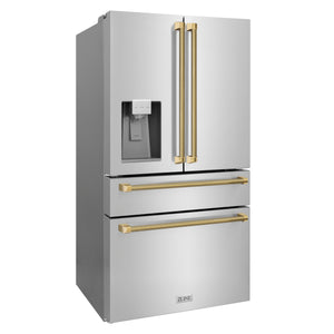 ZLINE Autograph 36" 21.6 cu. ft. Counter-Depth French Door Refrigerator with Water and Ice Dispenser in Fingerprint-Resistant Stainless Steel with Polished Gold Helix Handles, RFMZ-W-36-KG
