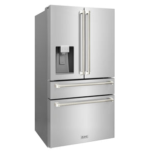 ZLINE Autograph 36" 21.6 cu. ft. Counter-Depth French Door Refrigerator with Water and Ice Dispenser in Fingerprint-Resistant Stainless Steel with Polished Nickel Helix Handles, RFMZ-W-36-KPN