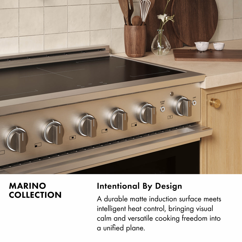 ZLINE Autograph 24 in. 3.2 cu. ft. Marino Induction Range with 3 Element Cooktop and Electric Convection Oven in Black Stainless Steel with Champagne Bronze Accents, MINRBZ-24-CB - Intentional by Design Infographic