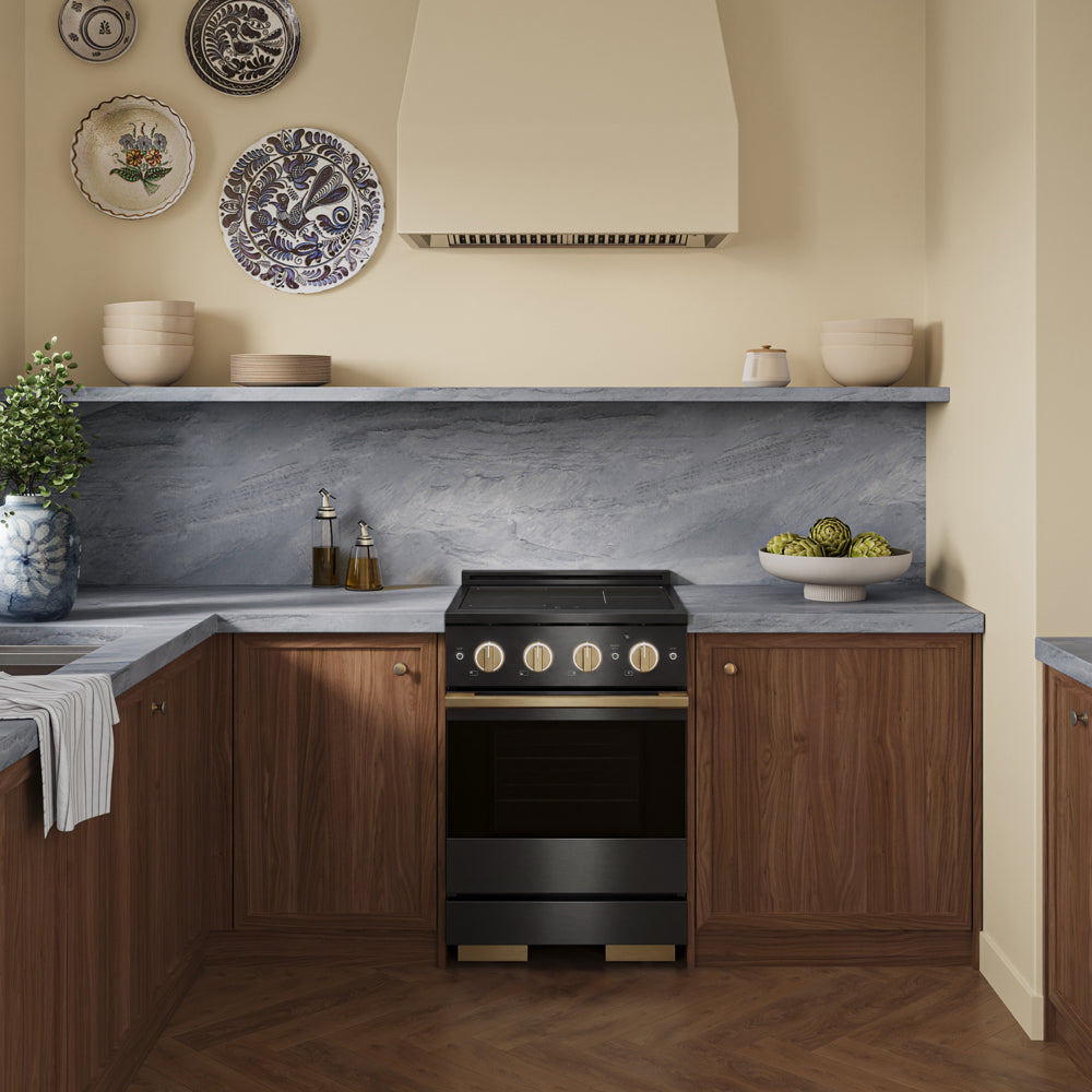 ZLINE Autograph 24 in. 3.2 cu. ft. Marino Induction Range with 3 Element Cooktop and Electric Convection Oven in Black Stainless Steel with Champagne Bronze Accents, MINRBZ-24-CB - Lifestyle Photo 1