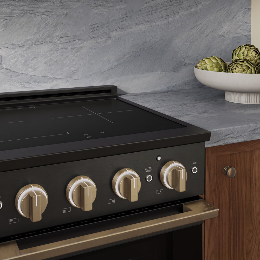 ZLINE Autograph 24 in. 3.2 cu. ft. Marino Induction Range with 3 Element Cooktop and Electric Convection Oven in Black Stainless Steel with Champagne Bronze Accents, MINRBZ-24-CB - Lifestyle Photo 3