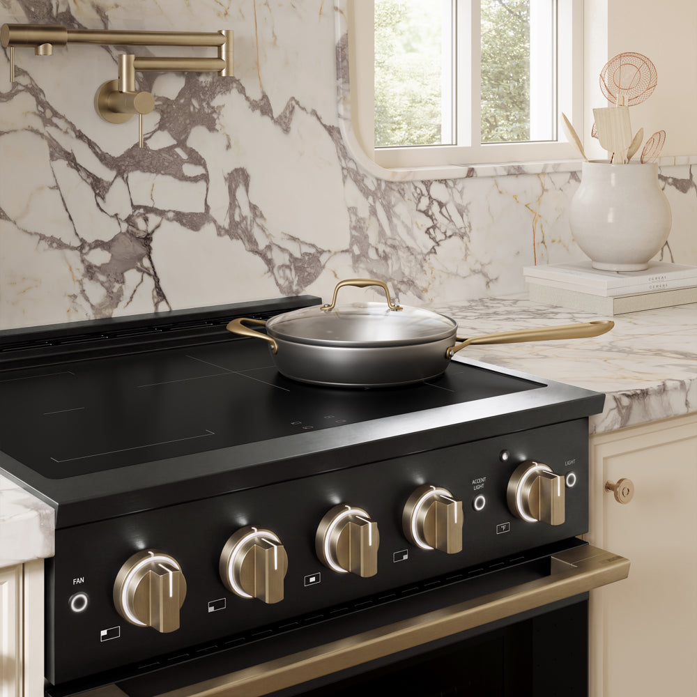ZLINE Autograph 30 in. 4.2 cu. ft. Marino Induction Range with 4 Element Cooktop and Electric Convection Oven in Black Stainless Steel with Champagne Bronze Accents, MINRBZ-30-CB - Lifestyle Photo 3