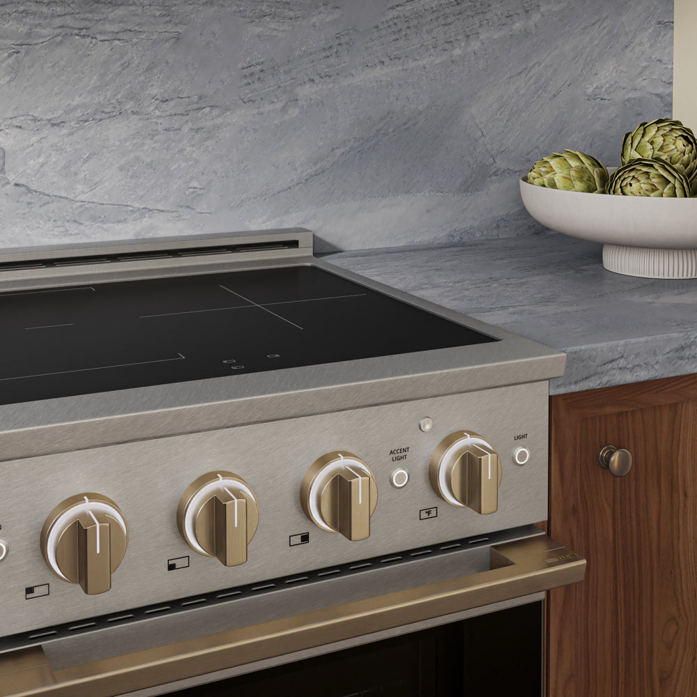 ZLINE Autograph 24 in. 3.2 cu. ft. Marino Induction Range with 3 Element Cooktop and Electric Convection Oven in Satin Stainless Steel with Champagne Bronze Accents, MINRSZ-24-CB - Lifestyle Photo 3