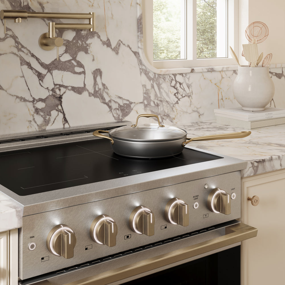 ZLINE Autograph 30 in. 4.2 cu. ft. Marino Induction Range with 4 Element Cooktop and Electric Convection Oven in Satin Stainless Steel with Champagne Bronze Accents, MINRSZ-30-CB - Lifestyle Photo 3