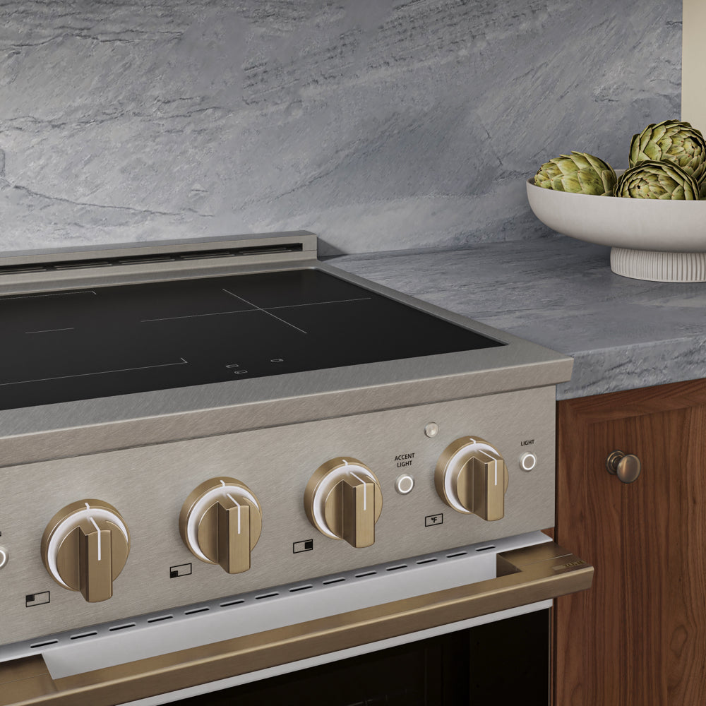 ZLINE Autograph 24 in. 3.2 cu. ft. Marino Induction Range with 3 Element Cooktop and Electric Convection Oven in Satin Stainless Steel with White Matte Door and Champagne Bronze Accents, MINRSZ-WM-24-CB - Lifestyle Photo 3