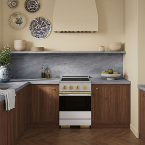 ZLINE Autograph 24 in. 3.2 cu. ft. Marino Induction Range with 3 Element Cooktop and Electric Convection Oven in Satin Stainless Steel with White Matte Door and Polished Gold Accents, MINRSZ-WM-24-G - Lifestyle Photo 1