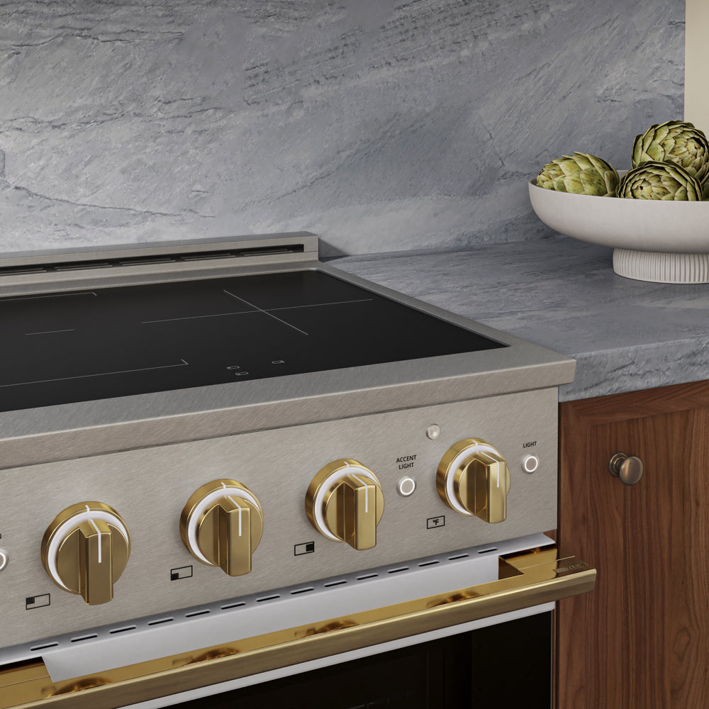 ZLINE Autograph 24 in. 3.2 cu. ft. Marino Induction Range with 3 Element Cooktop and Electric Convection Oven in Satin Stainless Steel with White Matte Door and Polished Gold Accents, MINRSZ-WM-24-G - Lifestyle Photo 3