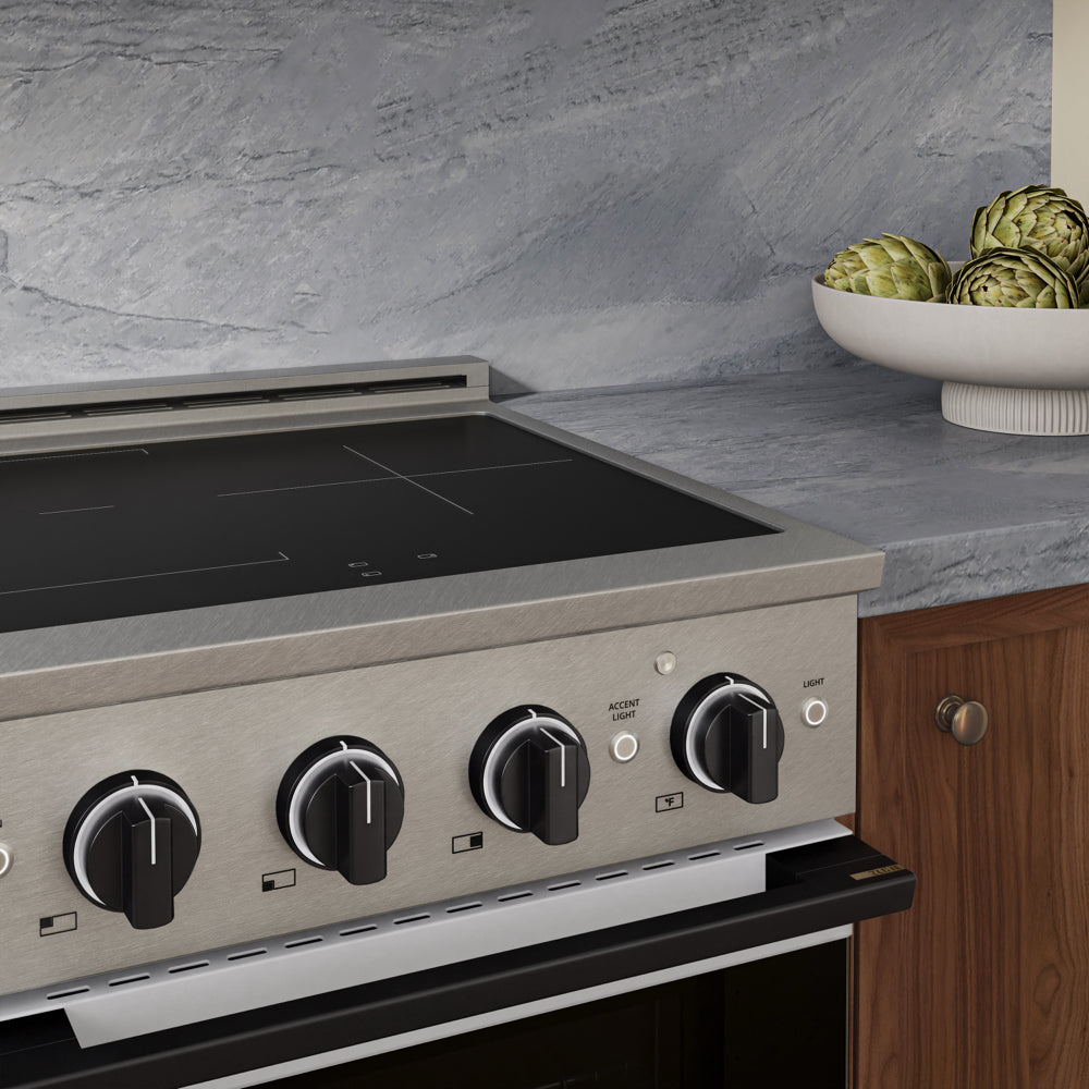 ZLINE Autograph 24 in. 3.2 cu. ft. Marino Induction Range with 3 Element Cooktop and Electric Convection Oven in Satin Stainless Steel with White Matte Door and Matte Black Accents, MINRSZ-WM-24-MB - Lifestyle Photo 3