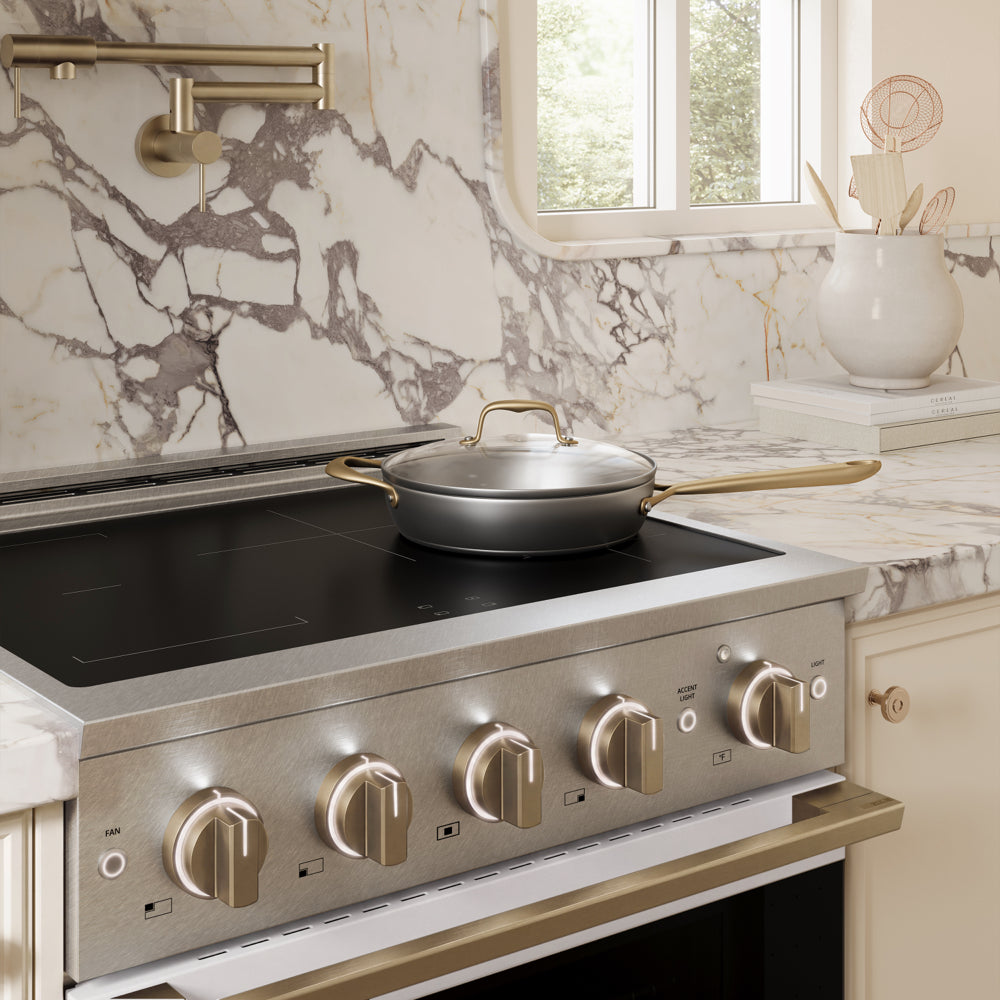ZLINE Autograph 30 in. 4.2 cu. ft. Marino Induction Range with 4 Element Cooktop and Electric Convection Oven in Satin Stainless Steel with White Matte Door and Champagne Bronze Accents, MINRSZ-WM-30-CB - Lifestyle Photo 3