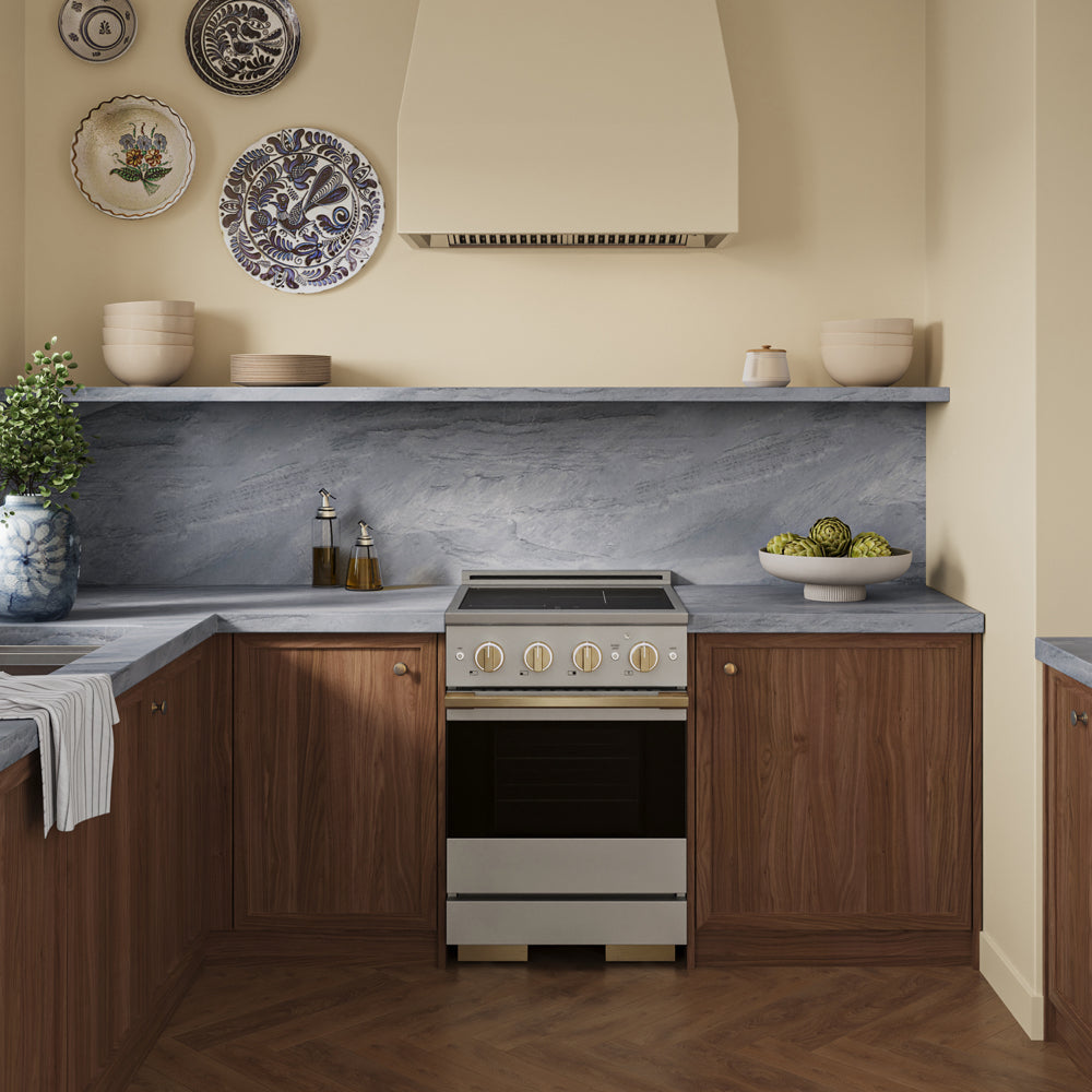 ZLINE Autograph 24 in. 3.2 cu. ft. Marino Induction Range with 3 Element Cooktop and Electric Convection Oven in Stainless Steel with Champagne Bronze Accents, MINRZ-24-CB - Lifestyle Photo 1