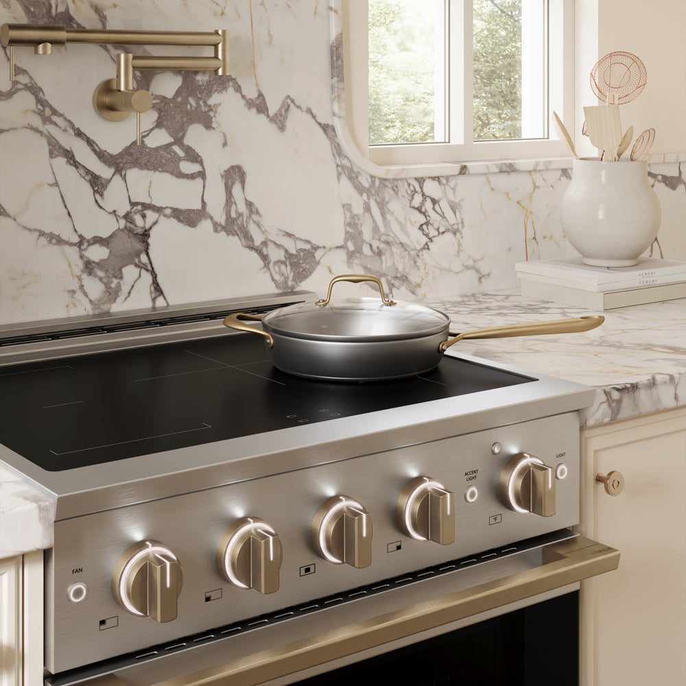 ZLINE Autograph 30 in. 4.2 cu. ft. Marino Induction Range with 4 Element Cooktop and Electric Convection Oven in Stainless Steel with Champagne Bronze Accents, MINRZ-30-CB - Lifestyle Photo 3