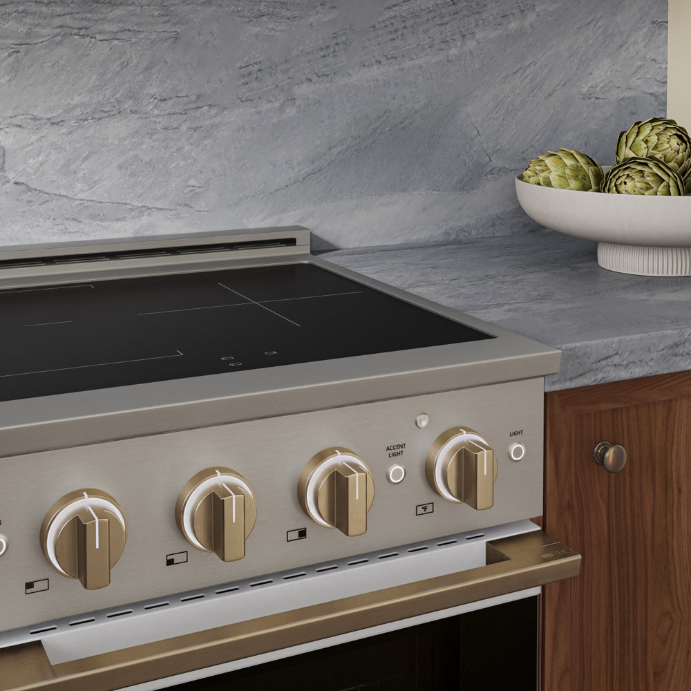 ZLINE Autograph 24 in. 3.2 cu. ft. Marino Induction Range with 3 Element Cooktop and Electric Convection Oven in Stainless Steel with White Matte Door and Champagne Bronze Accents, MINRZ-WM-24-CB - Lifestyle Photo 3
