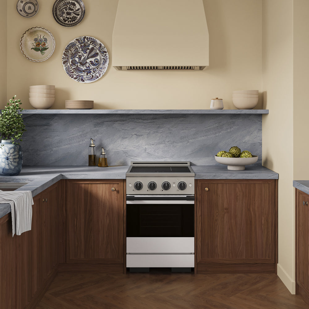 ZLINE Autograph 24 in. 3.2 cu. ft. Marino Induction Range with 3 Element Cooktop and Electric Convection Oven in Stainless Steel with White Matte Door and Matte Black Accents, MINRZ-WM-24-MB - Lifestyle Photo 1