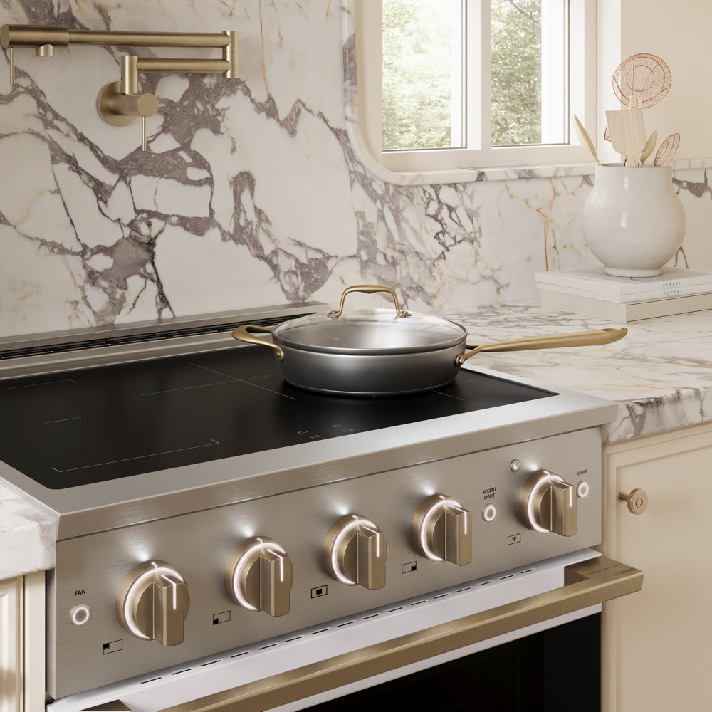 ZLINE Autograph 30 in. 4.2 cu. ft. Marino Induction Range with 4 Element Cooktop and Electric Convection Oven in Stainless Steel with White Matte Door and Champagne Bronze Accents, MINRZ-WM-30-CB - Lifestyle Photo 3