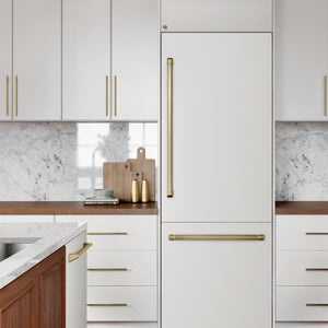 ZLINE Autograph Edition 30" 16.1 cu. ft. Built-In Bottom Freezer Refrigerator with Water Dispenser and Ice Maker in White Matte with Graphite Gray Interior and Champagne Bronze Accents, GRBIVZ-WM-30-CB