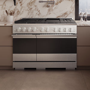 ZLINE Marino 48-Inch 6.7 cu. ft. Dual Fuel Range, 8 Burners, Double Oven, Convection Oven, Reversible Griddle, Satin Stainless Steel, MDRS-48