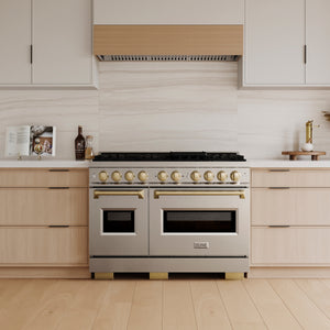 ZLINE Autograph 48" Classic Gas Range with 8 Burner DuoPro™ Cooktop in Stainless Steel with Champagne Bronze Accents, PCGRZ-48-CB