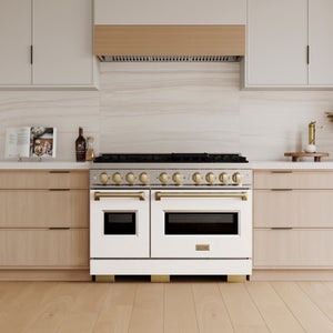 ZLINE Autograph Edition 48" Classic Gas Range with 8 Burner DuoPro™ Cooktop with White Doors and Champagne Bronze Accents, PCGRZ-WM-48-CB