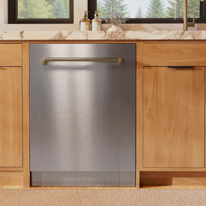 ZLINE Autograph 24" Monument Series 3rd Rack Top Touch Control Tall Tub Dishwasher in Stainless Steel with Champagne Bronze Helix Handle, 45dBa, DWMTZ-30424-KCB