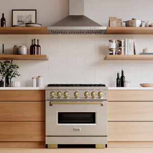 ZLINE Autograph 36" 5.2 cu. ft. Classic Dual Range with 6 Burner DuoPro™ Cooktop and Oven in Satin Stainless and Champagne Bronze Accents, PCDRSZ-36-CB