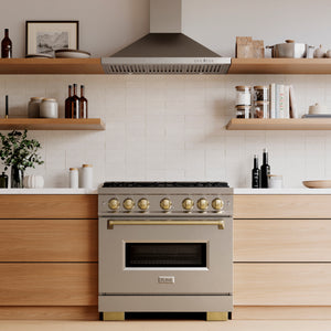 ZLINE Autograph 36" Classic Gas Range with 6 Burner DuoPro™ Cooktop and Gas Oven in Stainless Steel with Bronze Accents, PCGRZ-36-CB